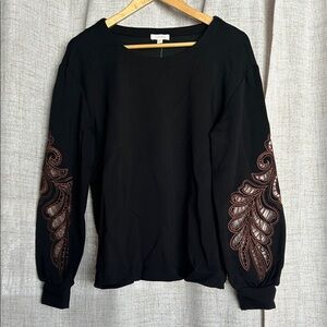 Laura black sweater with Brown Embroidery. Size Large NWT